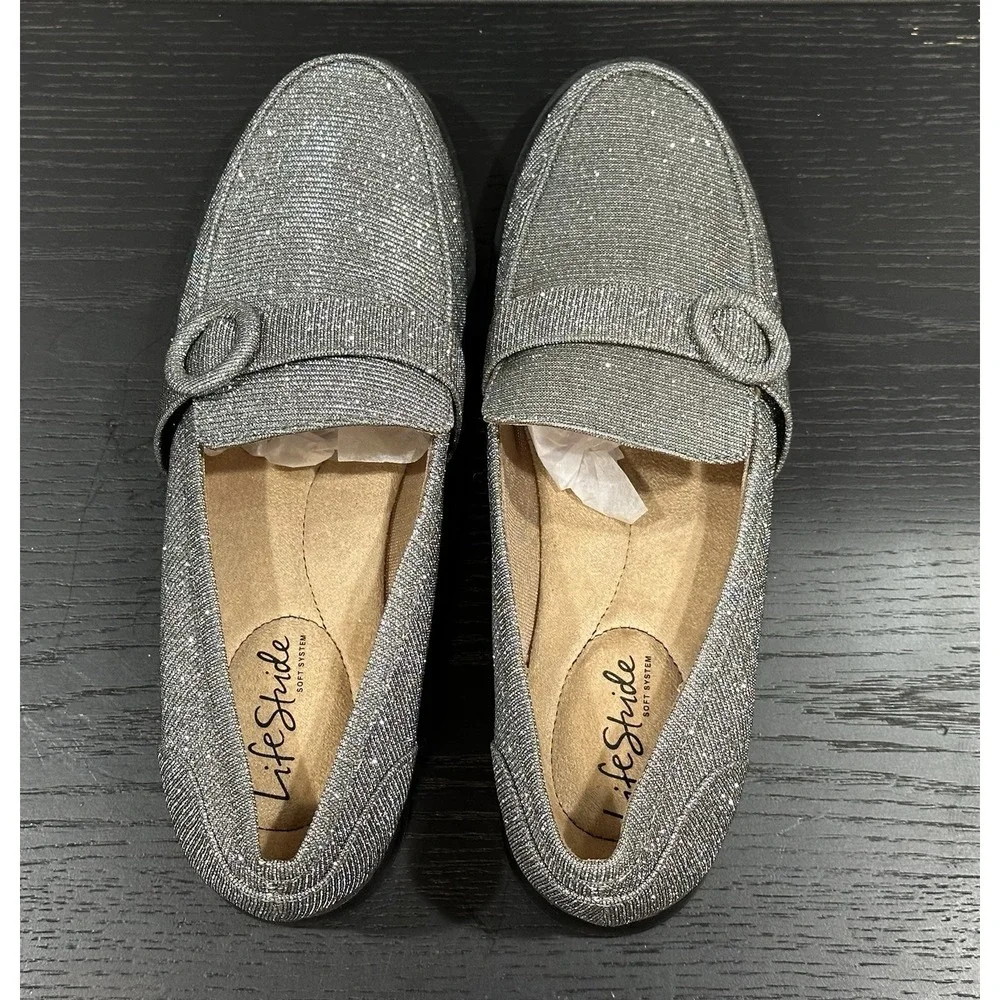 LifeStride Lolly Women Loafers Pewter Fabric Comfort Sparkle Lug Sole 8.5 READ